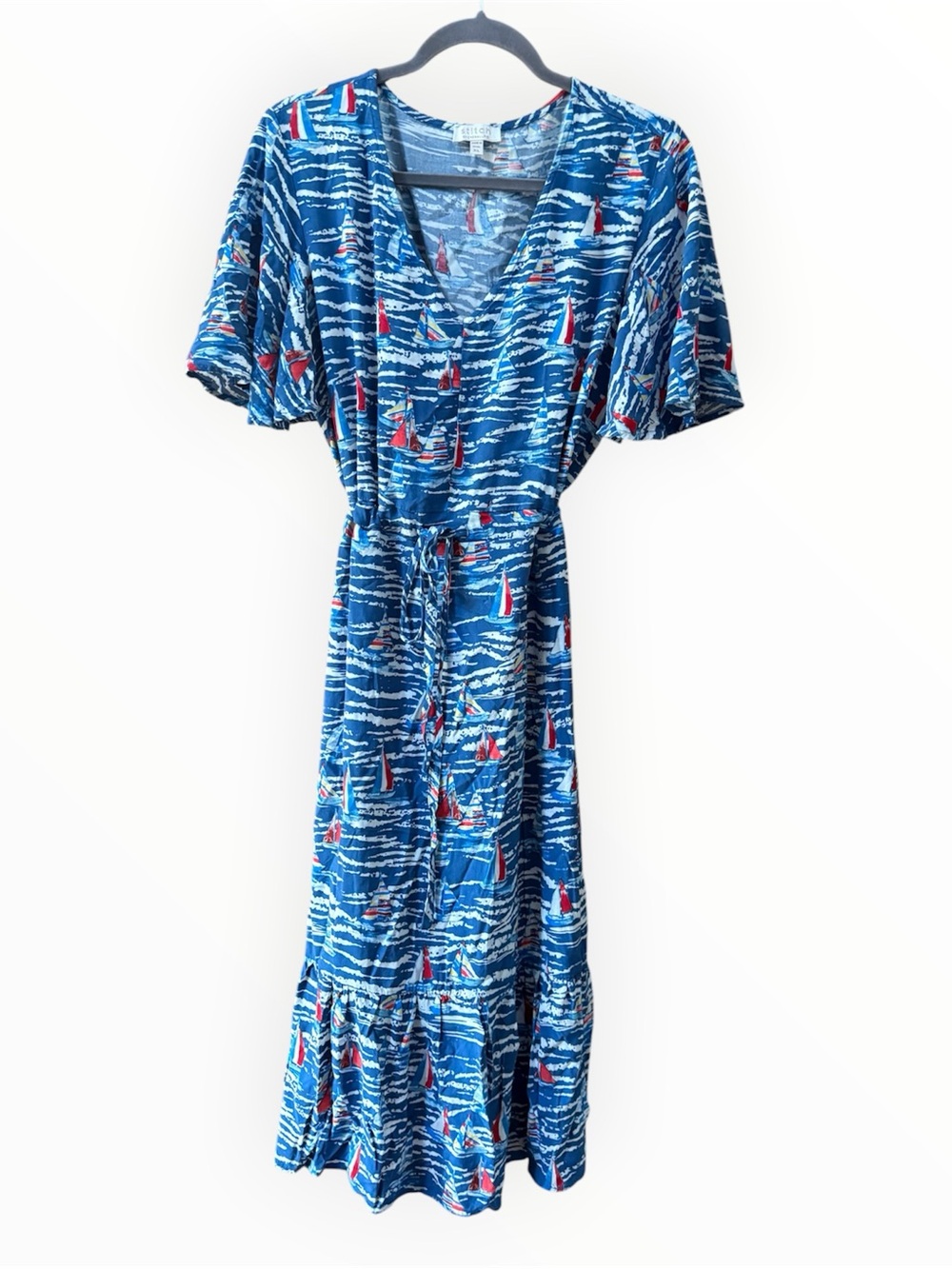 Stitch by Chenault Blue Sailboat Print Midi Dress tie waist